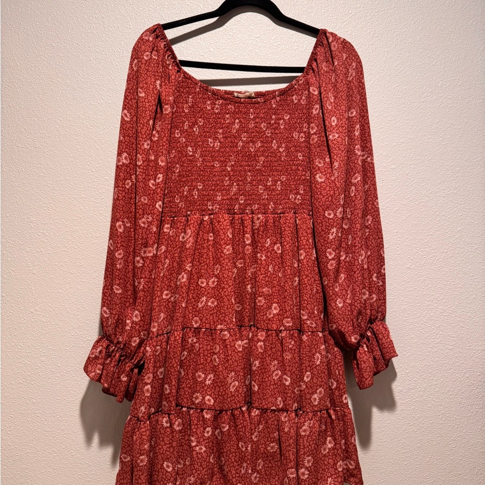 Altar'd State Burnt Orange Floral Long Sleeve Flowy Dress